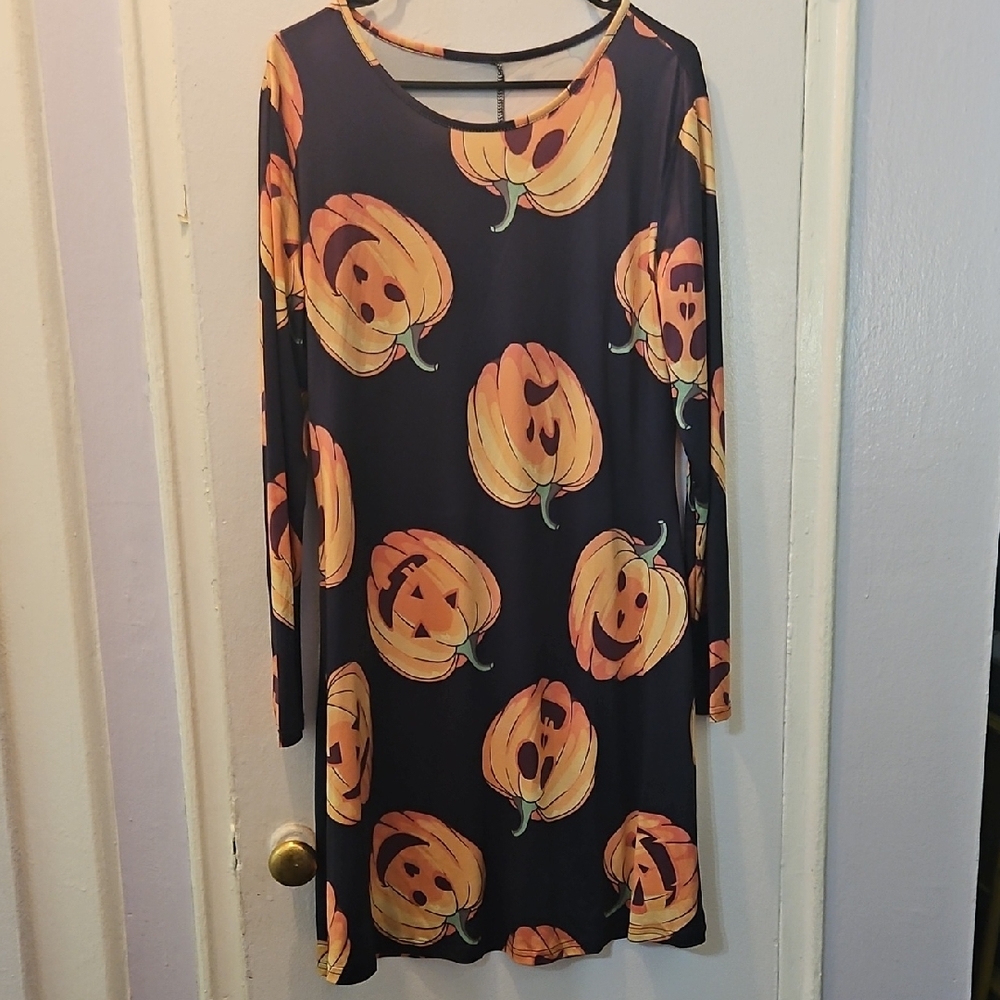 Pumpkin Print Long Sleeve Midi Dress
